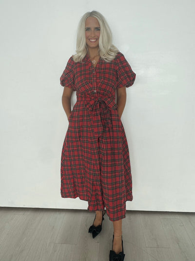 Red Plaid Tie Maxi Dress