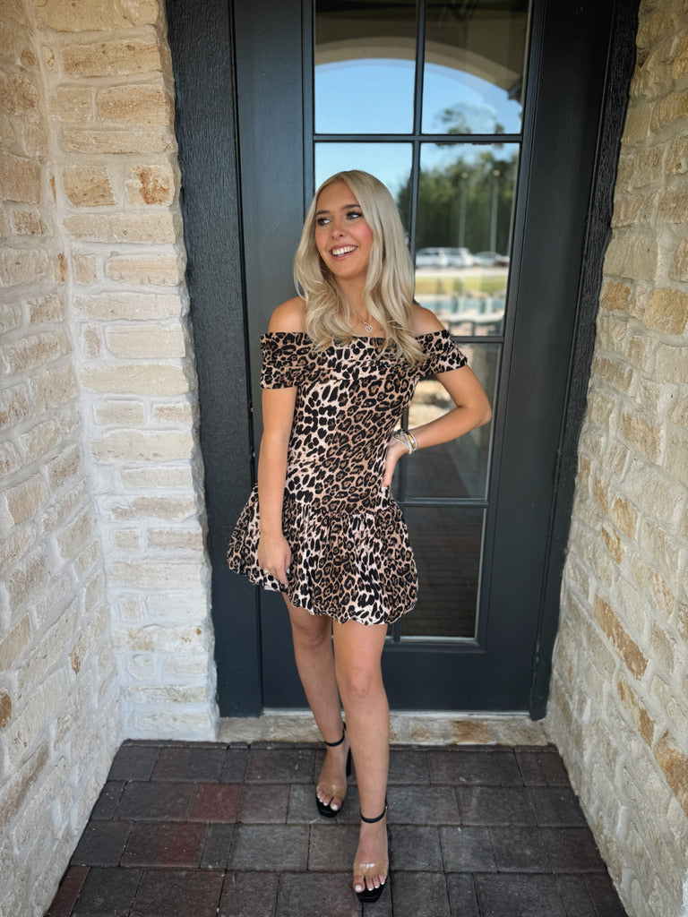 Ruched Cheetah OTS Bubble Mini Dress