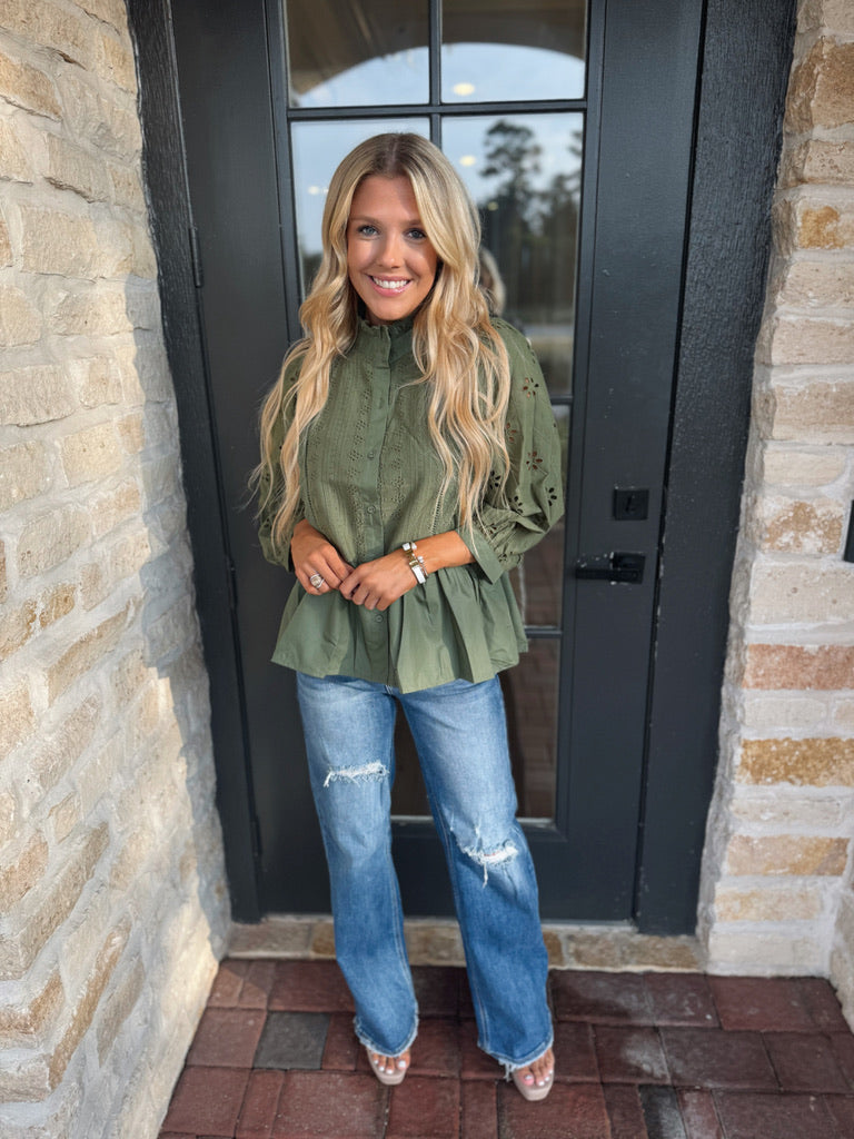 Olive Eyelet Top