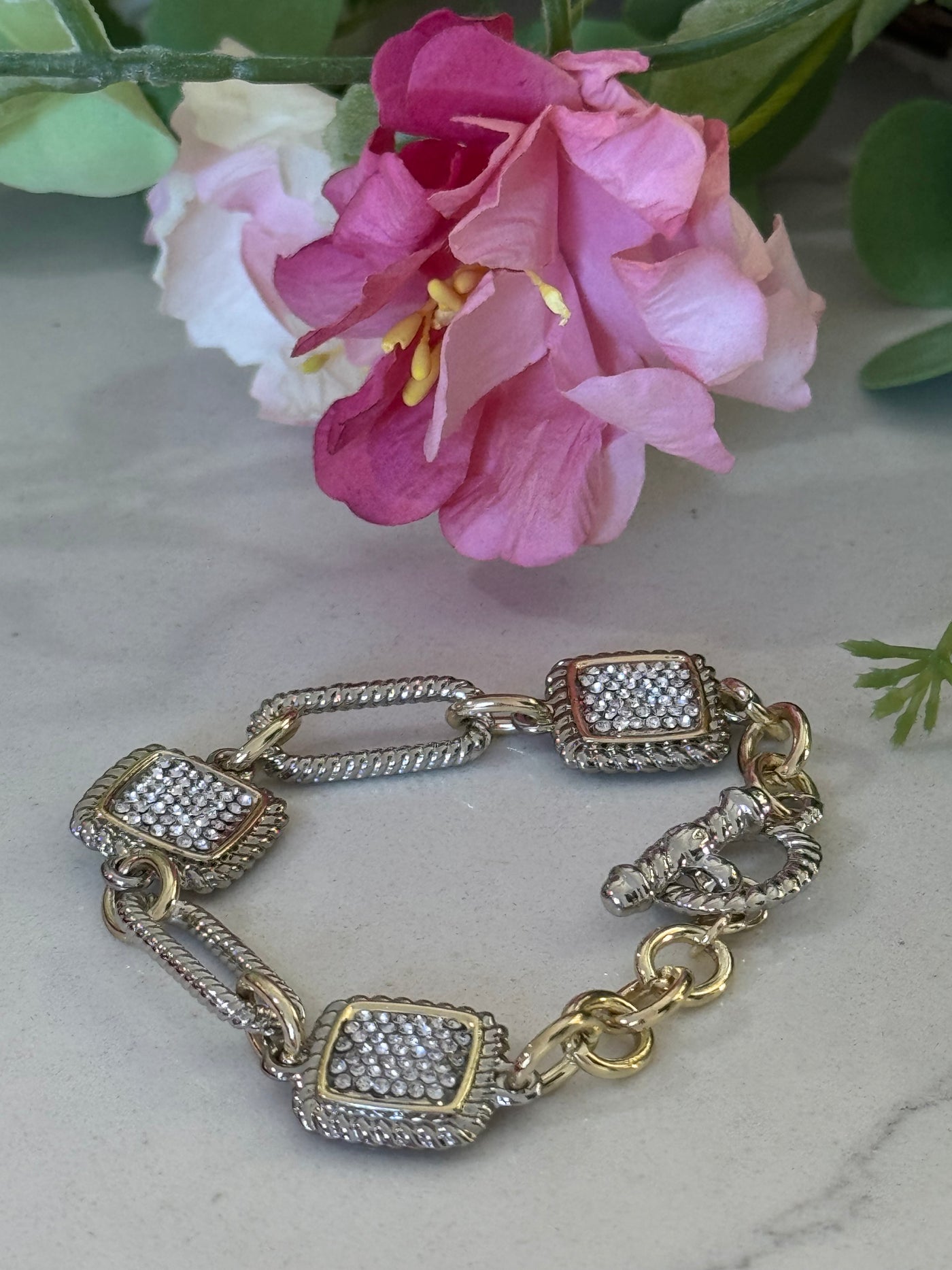 Rhinestone Square Two Toned Chain Link Bracelet