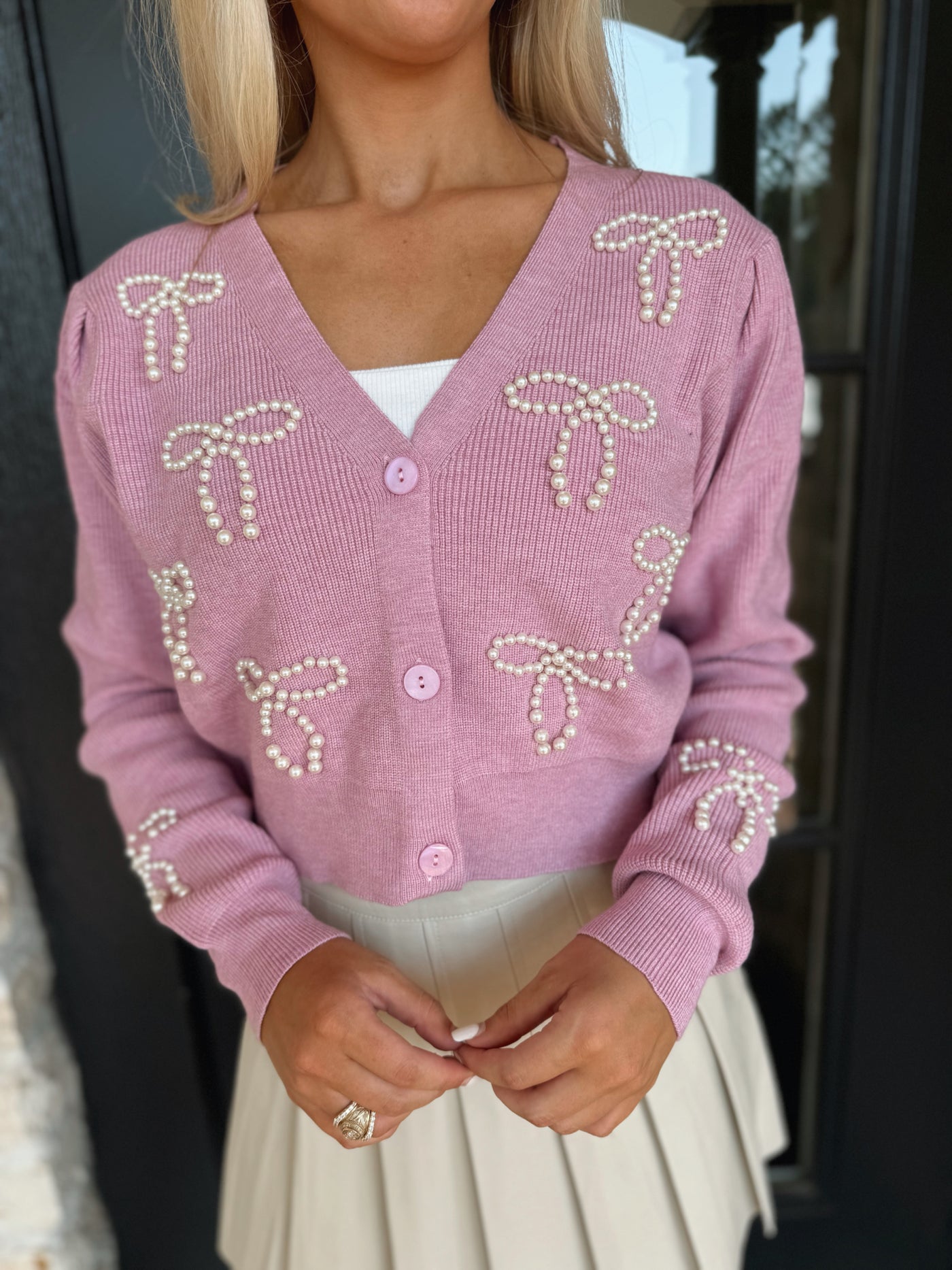 Dusty Pink Pearl Bow Cardigan