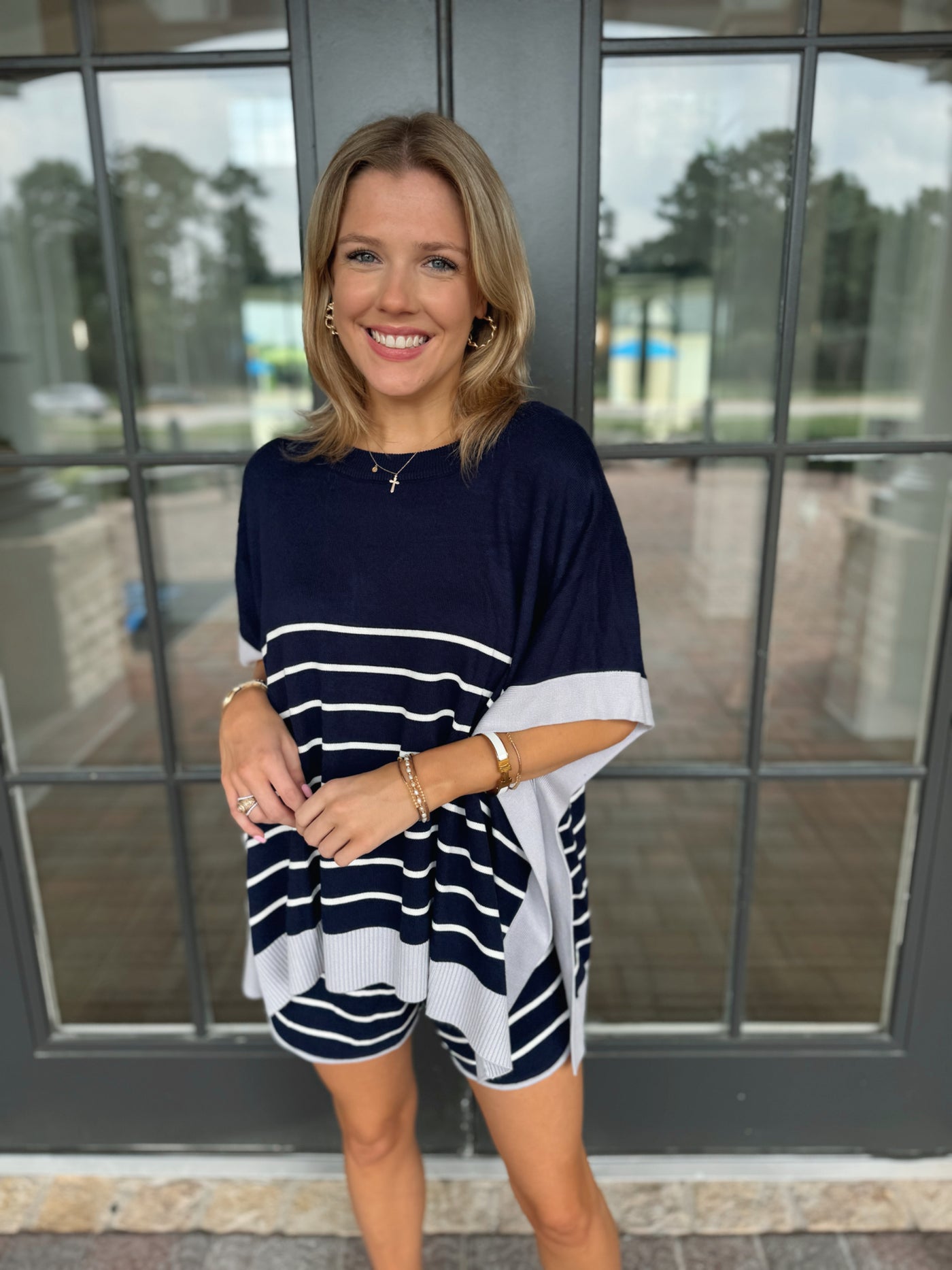 Navy Blue White Striped Top