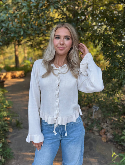 Cream Ruffle Cardigan Sweater