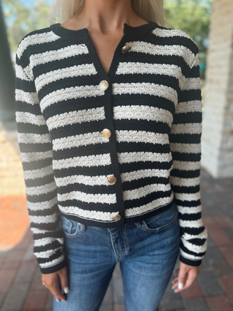 Striped Button Up Cardigan - Black