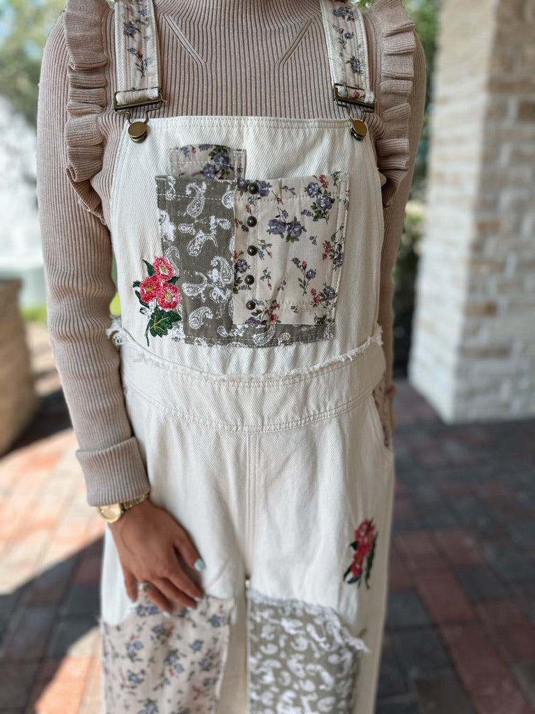 Almond Floral Patchwork Overalls