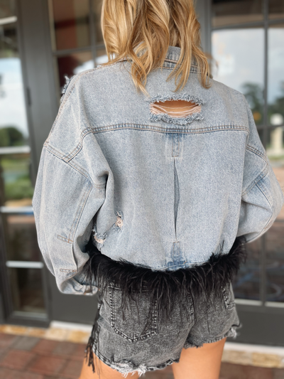 Oversized Ostrich Fur Crop Denim Jacket