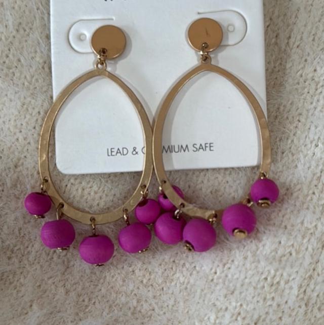 Magenta ball drop gold earrings