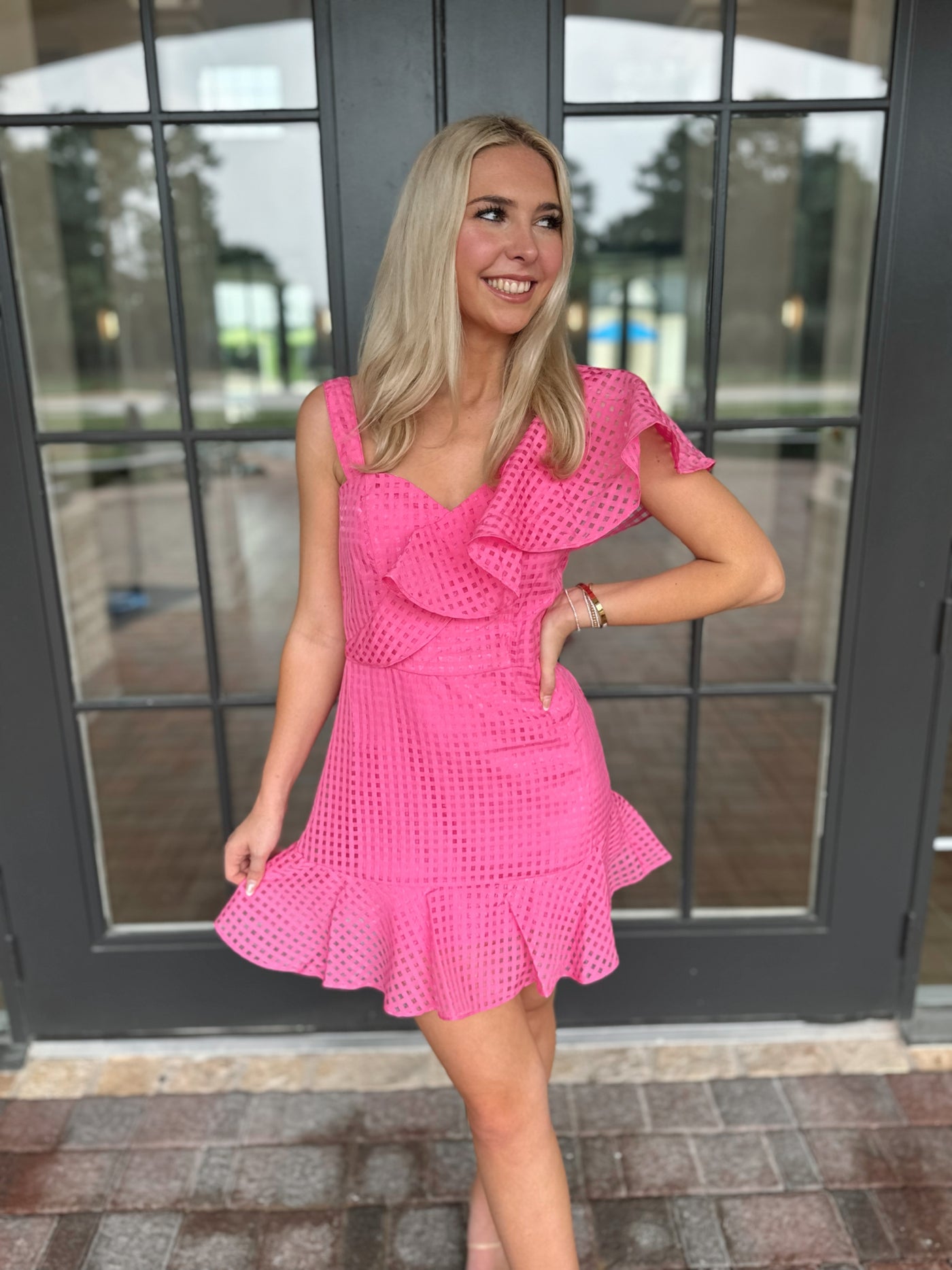 Pink checked ruffle dress