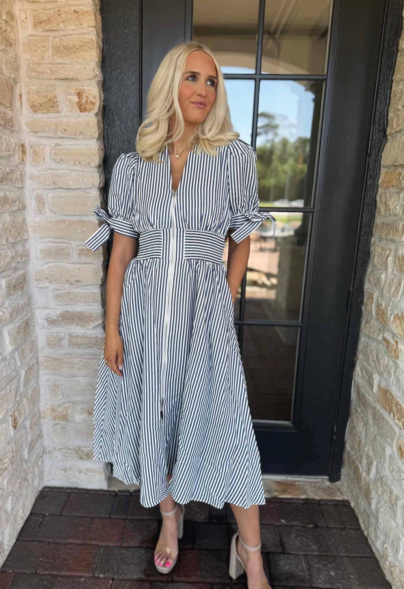Navy Pin Striped Midi Dress