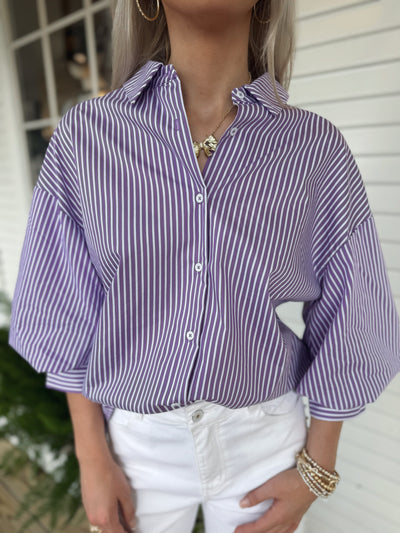 Purple Striped Balloon Sleeve Top