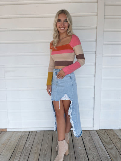 Color Block Striped Crop Sweated