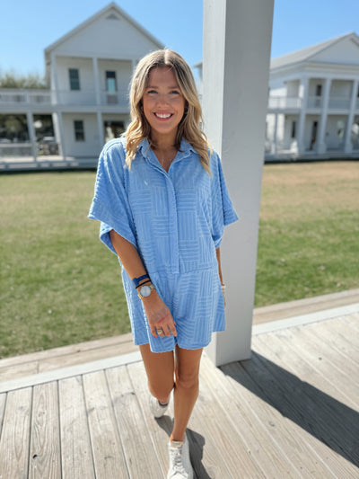 Blue Textured Terry Romper