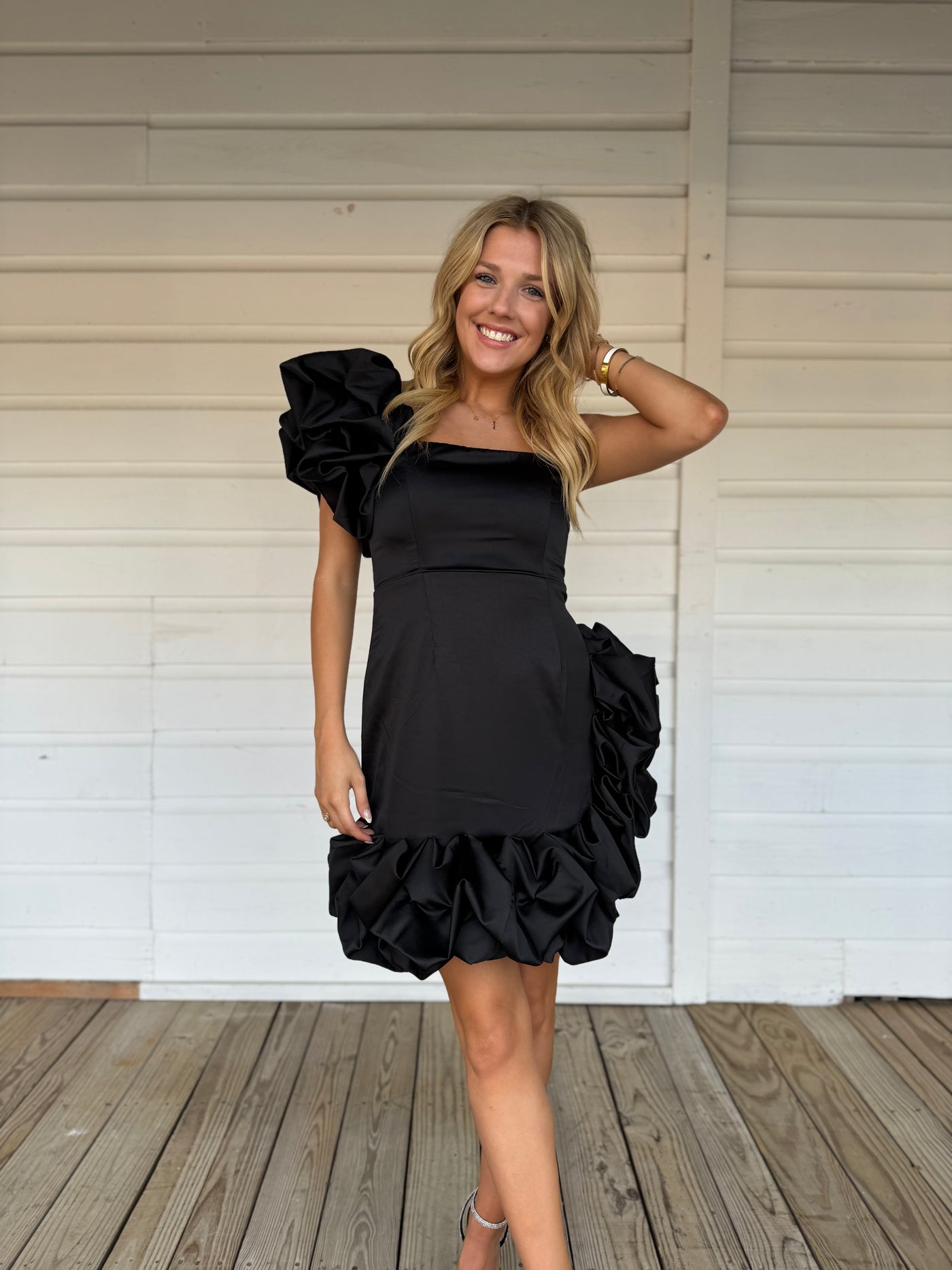 Black Ruffle Satin One Shoulder Dress Black Ruffle Satin One Shoulder Dress