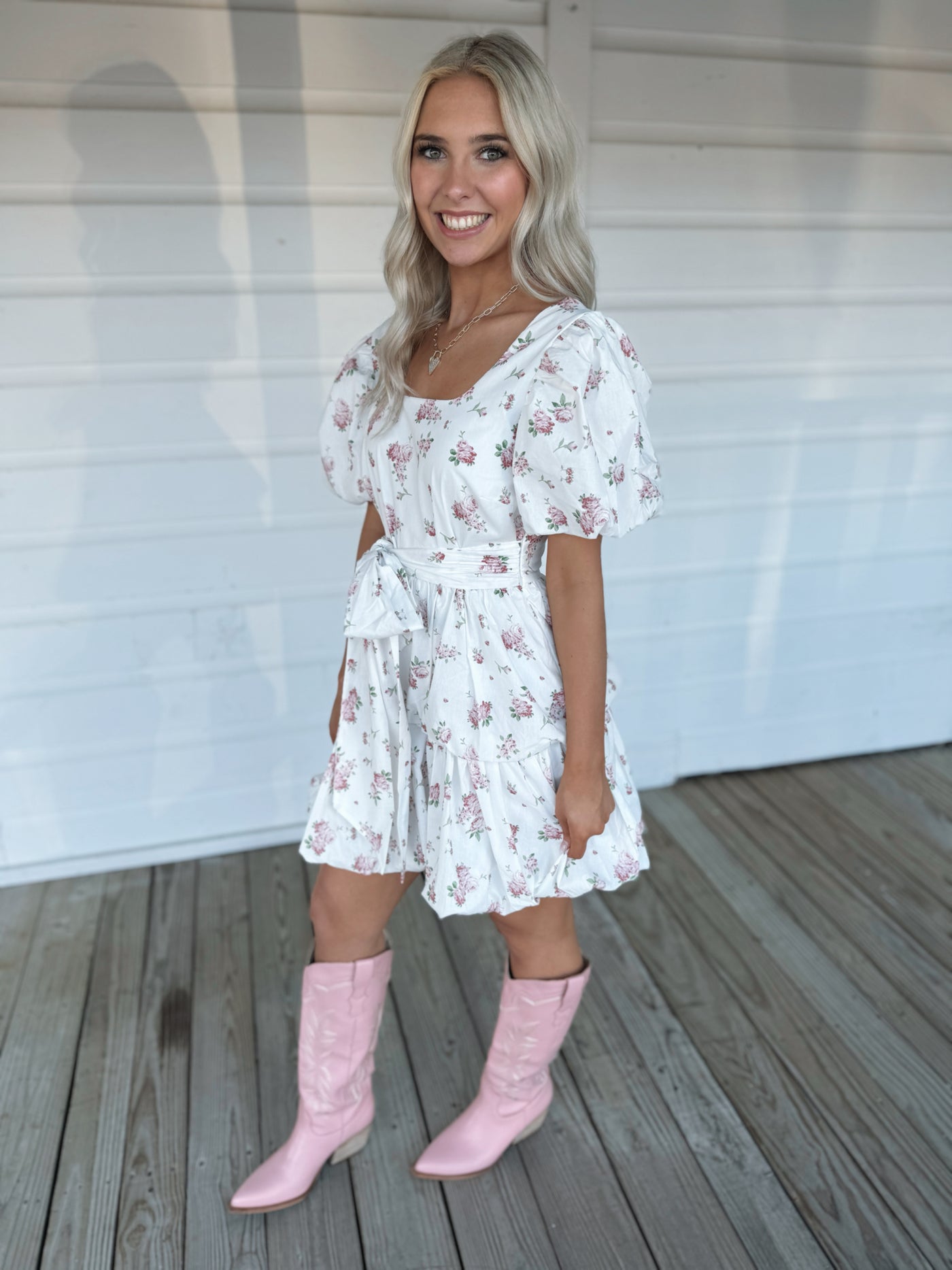 White Floral Puff Sleeve Dress