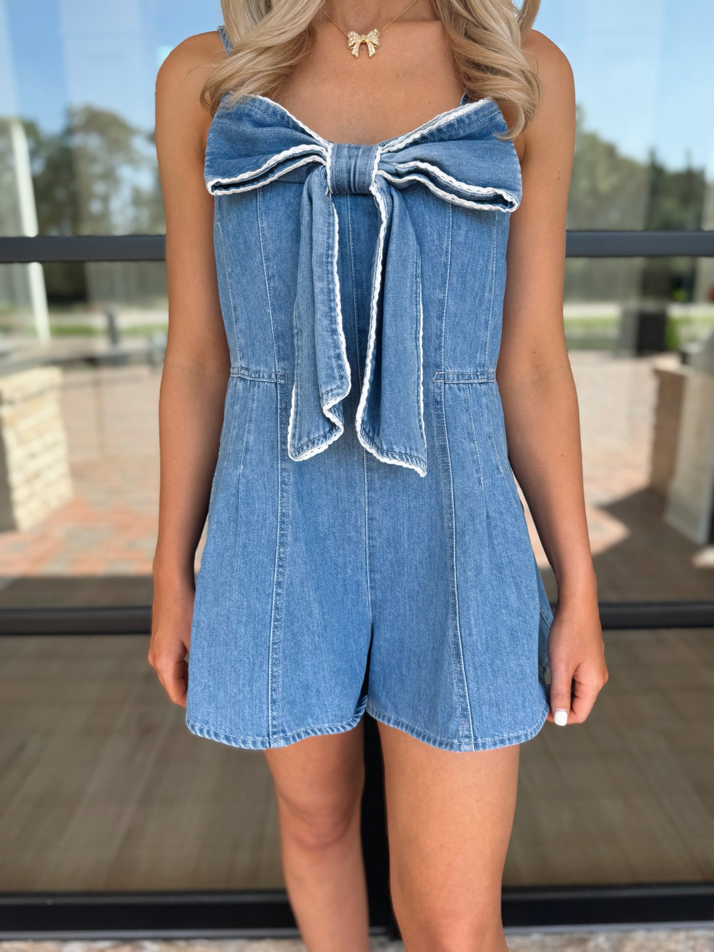 Scallop Trim Bow Denim Romper