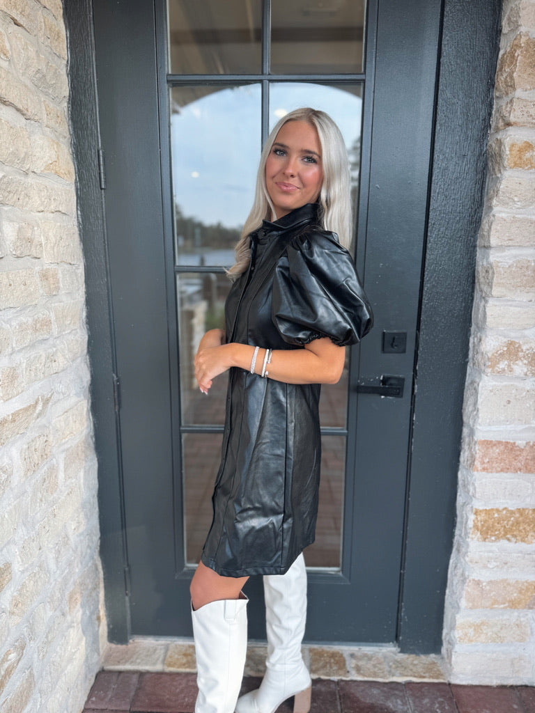 Black Leather Puff Sleeve Dress