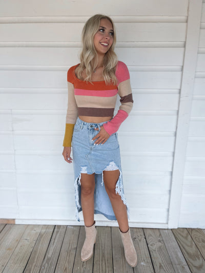 Color Block Striped Crop Sweated