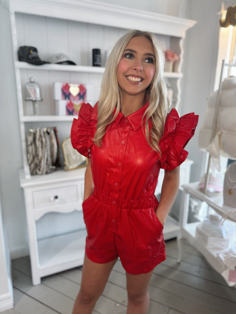 Red Leather Ruffle Romper