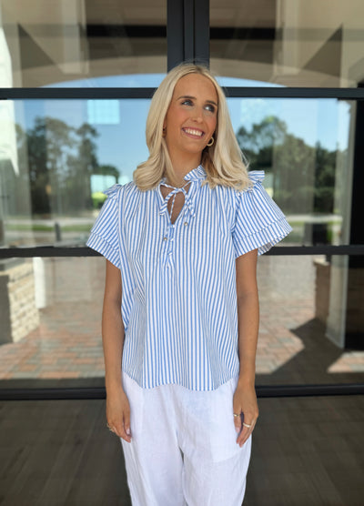 Blue Striped Ruffle Tie Top