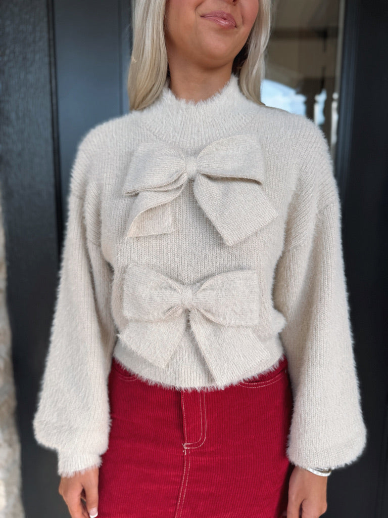 Cream Two Bow Sweater