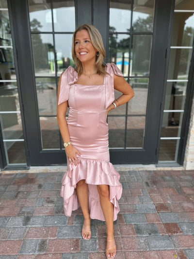 Satin pink high low ruffle dress