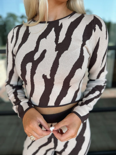 Brown Zebra Print Sweater Top