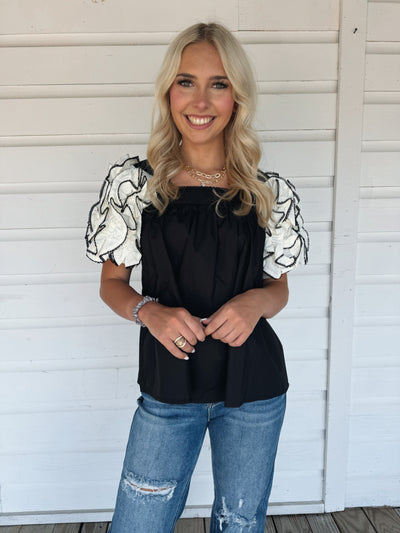 Black Ruffle Sleeve Top