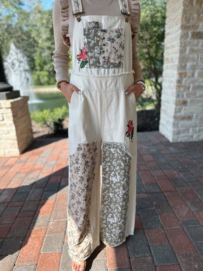 Almond Floral Patchwork Overalls