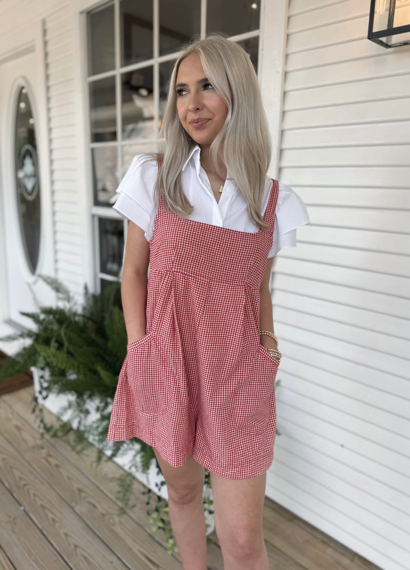 Red and White Gingham Romper