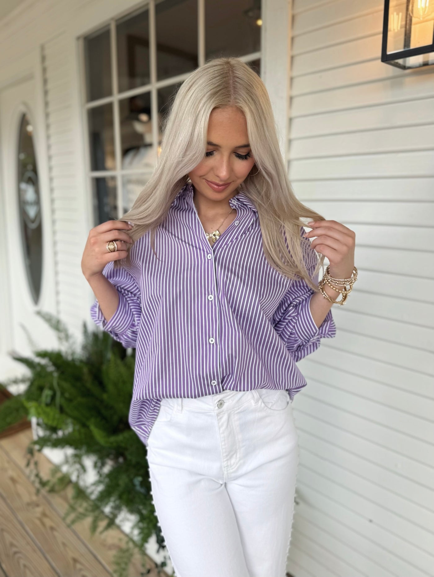 Purple Striped Balloon Sleeve Top