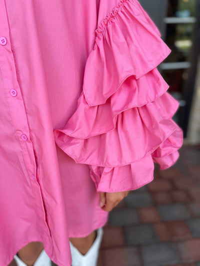 Barbie Pink Ruffle Sleeve Button Down Dress