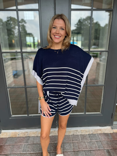 Navy Blue White Striped Top