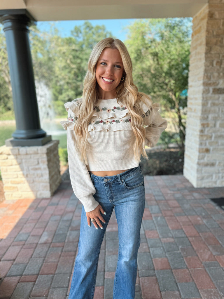 Floral Embroidered Ruffle Sweater