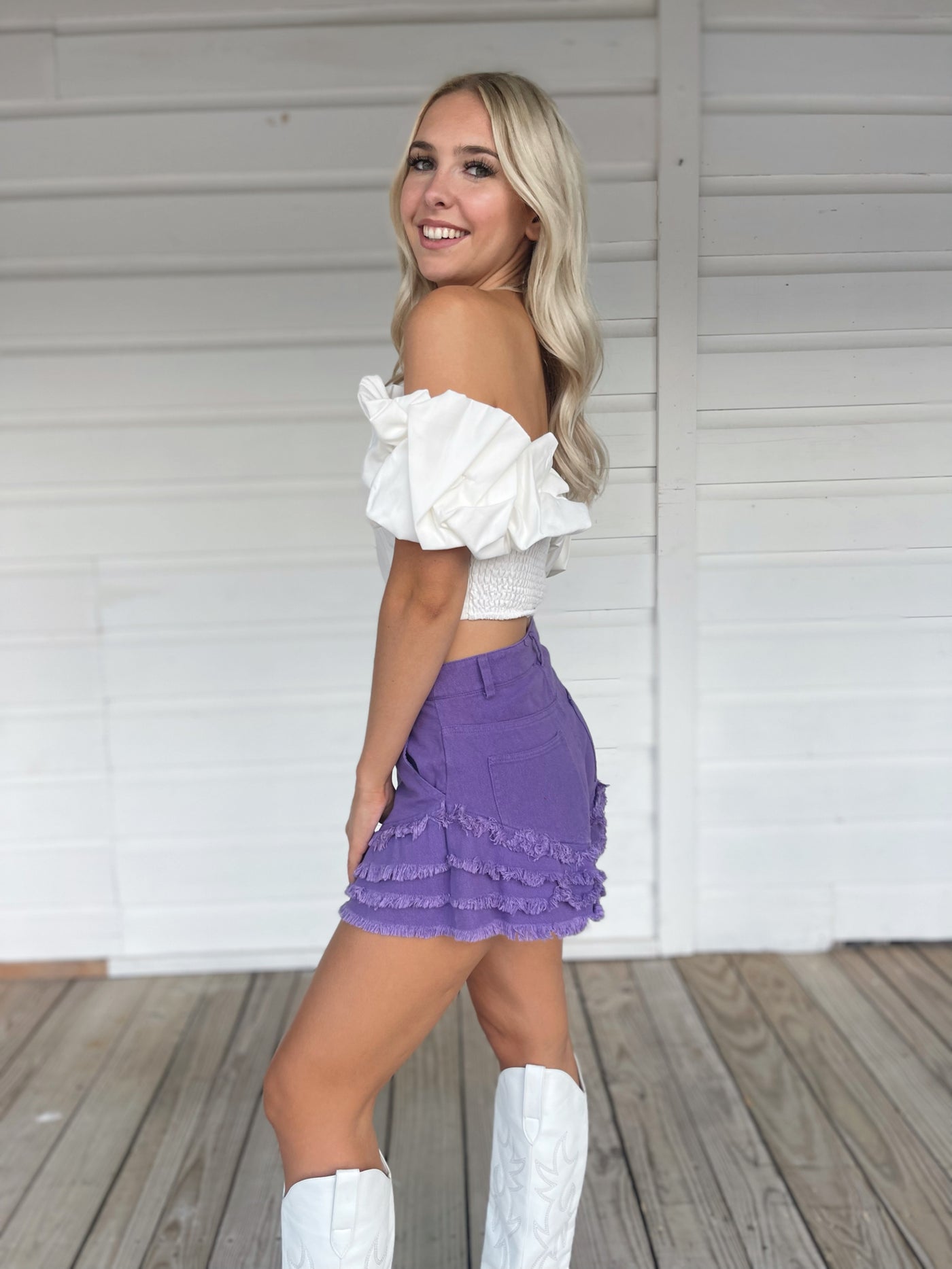 Purple Ruffle Denim Shorts