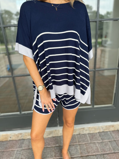 Navy Blue White Striped Shorts