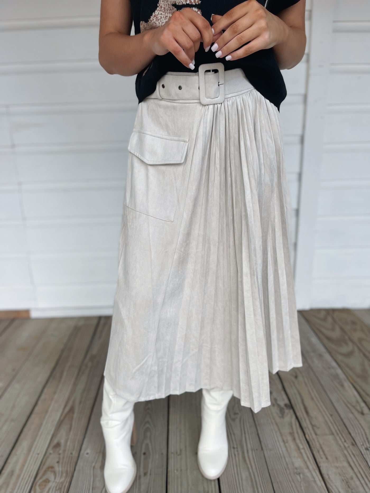 Cream Pleated Maxi Skirt