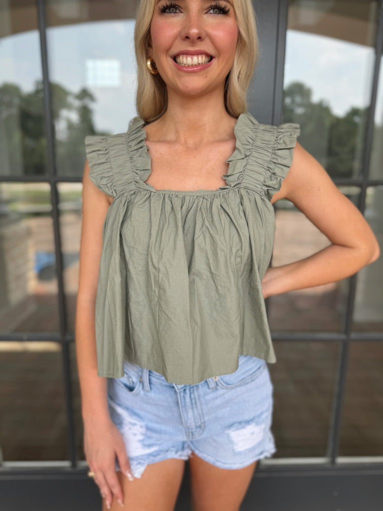 Olive Ruffle Strap Top