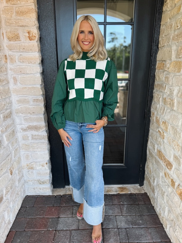 Square Pattern Green Poplin Top