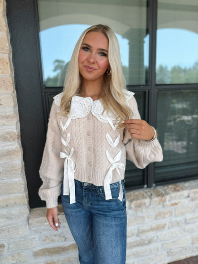 Embroidered Collar Cable Knit Cardigan