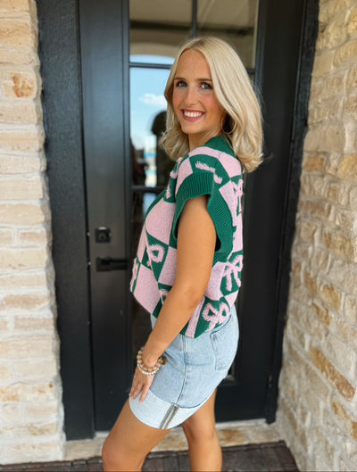 Hunter Green & Pink Bow Sweater Vest