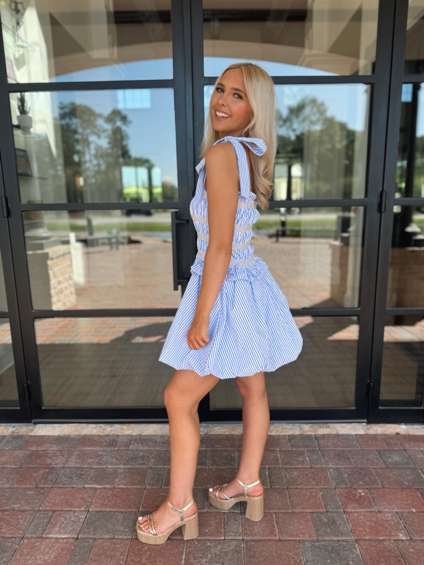 Blue Striped Bubble Mini Dress