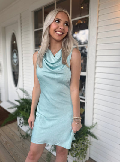 Satin Cowl Neck Mini Dress