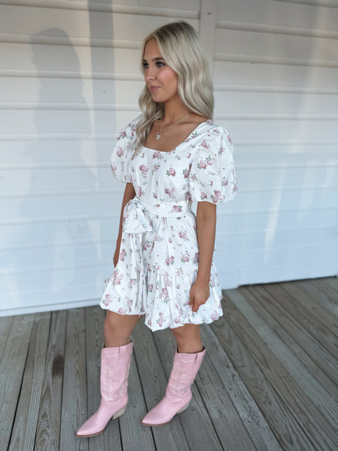 White Floral Puff Sleeve Dress