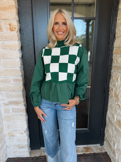 Square Pattern Green Poplin Top