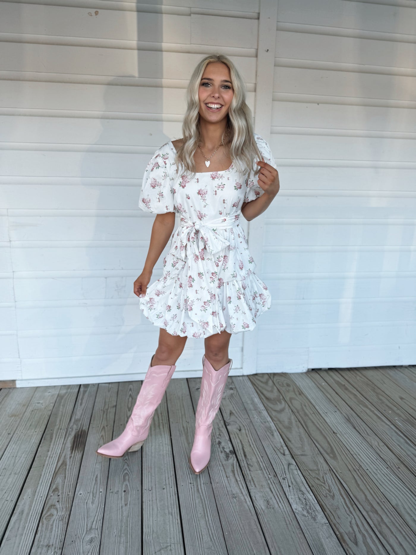 White Floral Puff Sleeve Dress