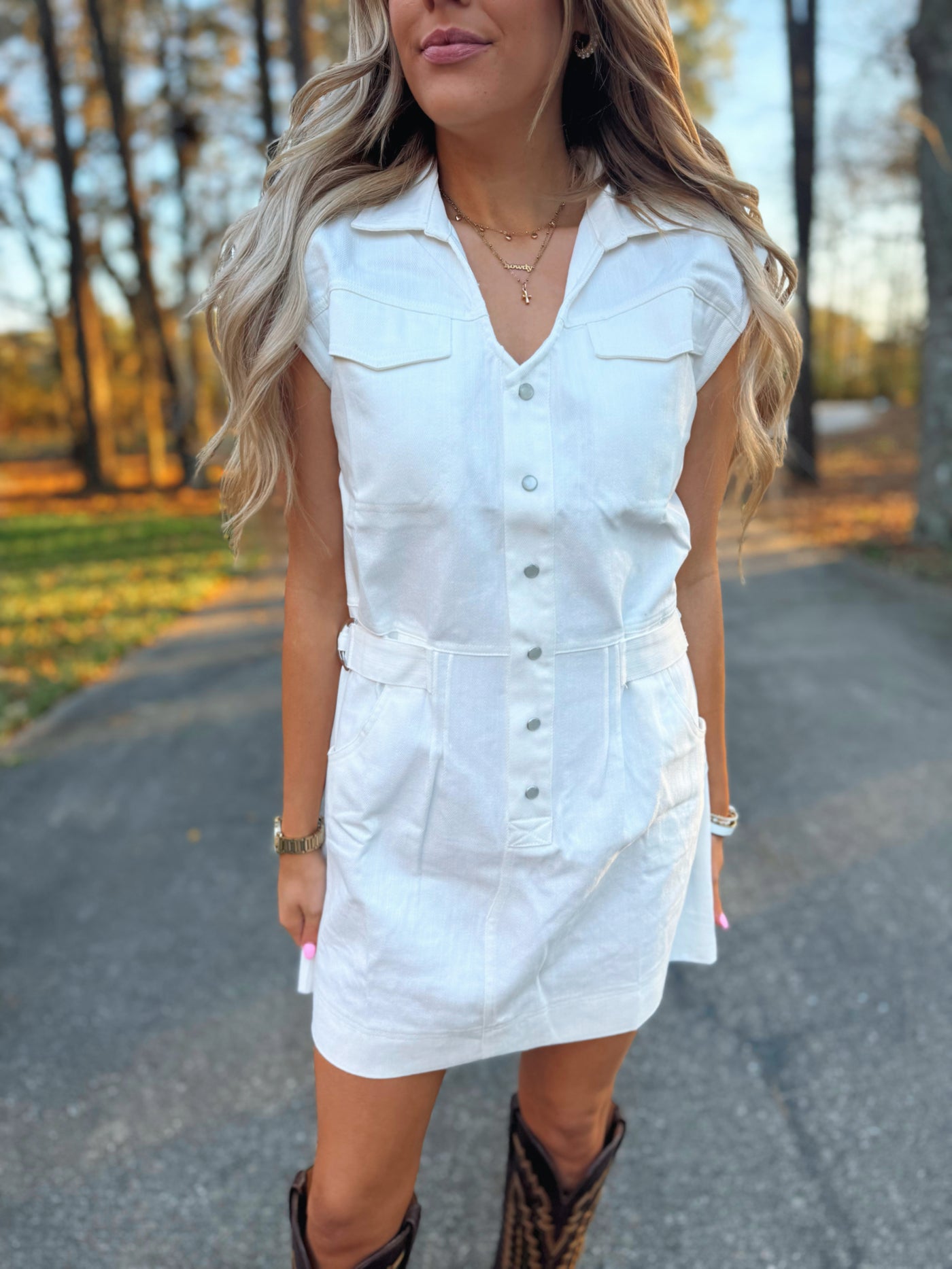 White Pocket Denim Dress