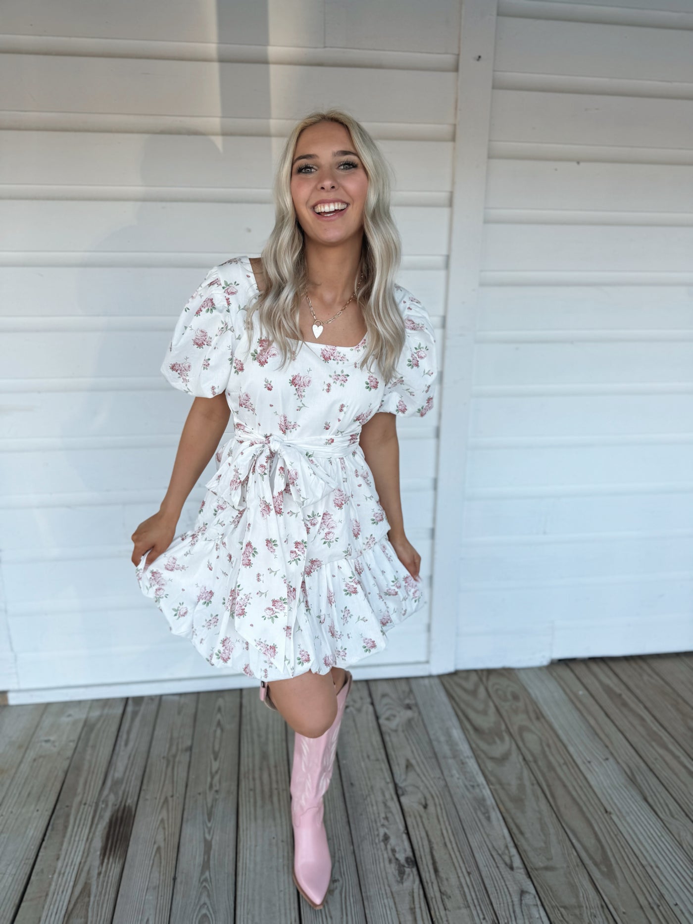 White Floral Puff Sleeve Dress