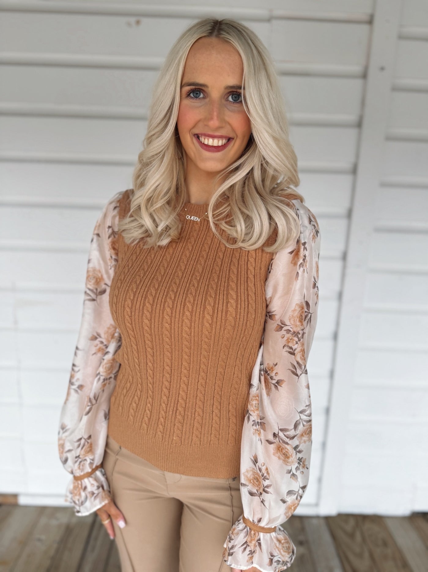 Contrast Flower Sleeve Sweater Top