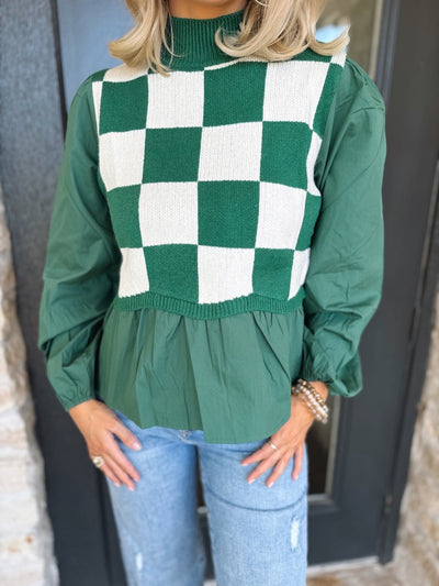 Square Pattern Green Poplin Top