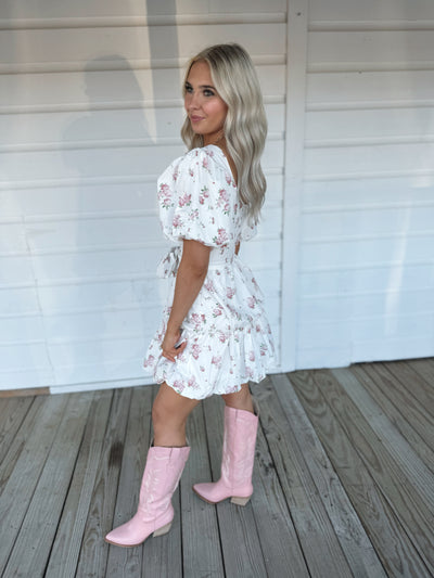 White Floral Puff Sleeve Dress